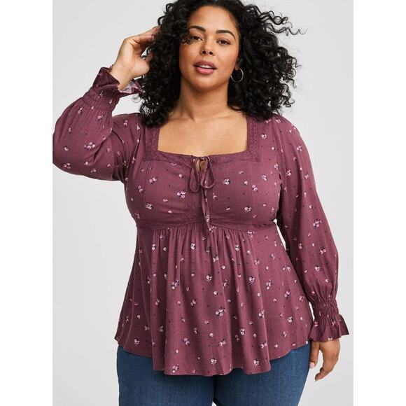 torrid Tops - Torrid Babydoll Top Womens Size 1X Sassafras Ditsy Floral Rayon Slub Lace Trim